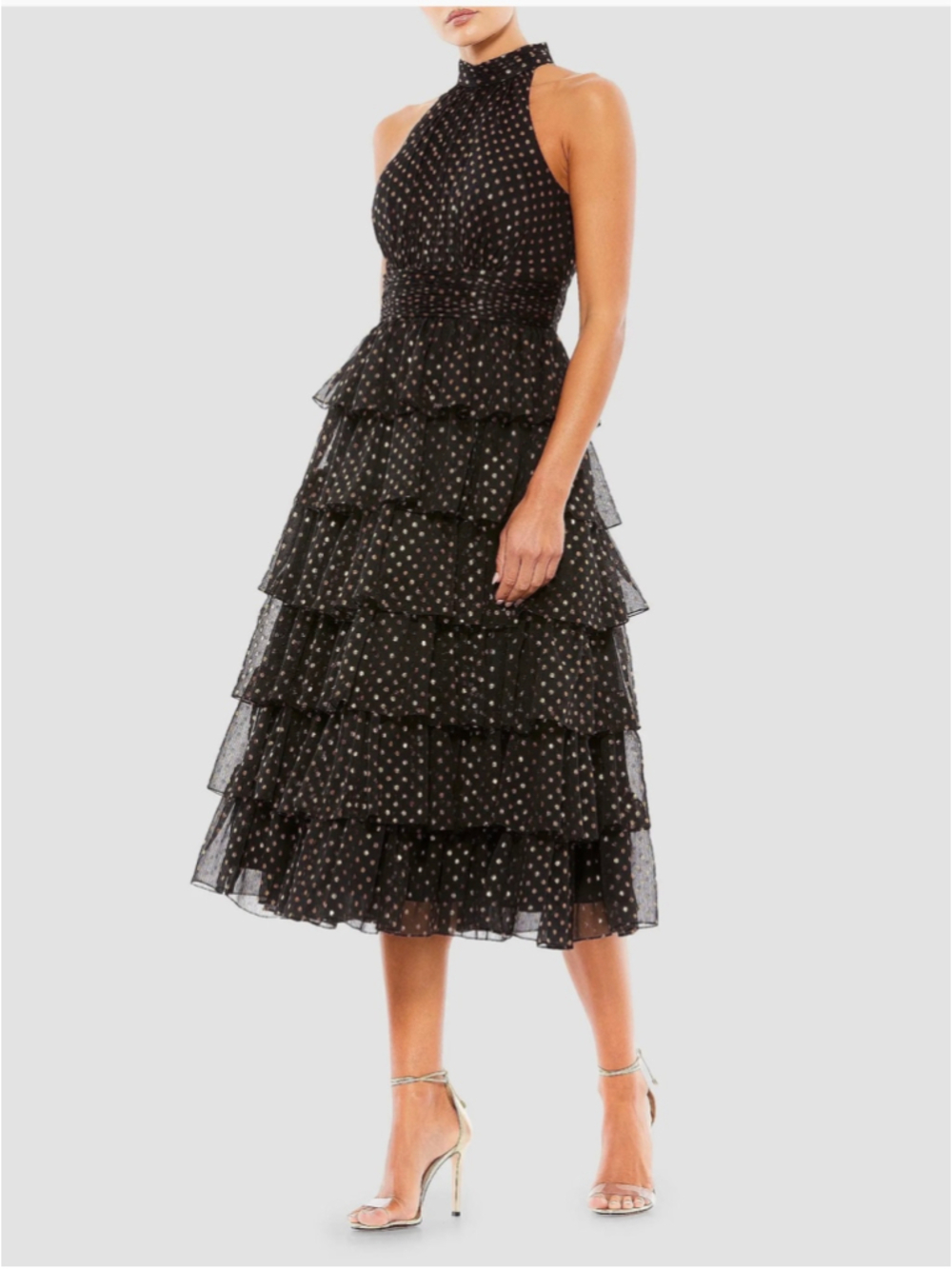Women's Mac Duggal Midi Dress Size 2 Black Gold Tiered Halter